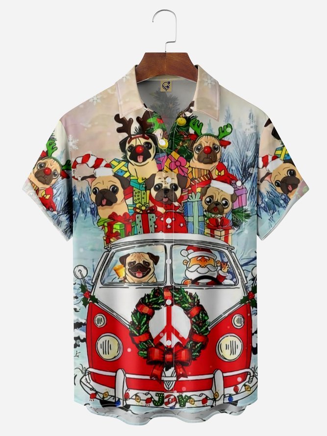 Christmas Dog And Santa With Car On The Street - Hawaiian Shirt