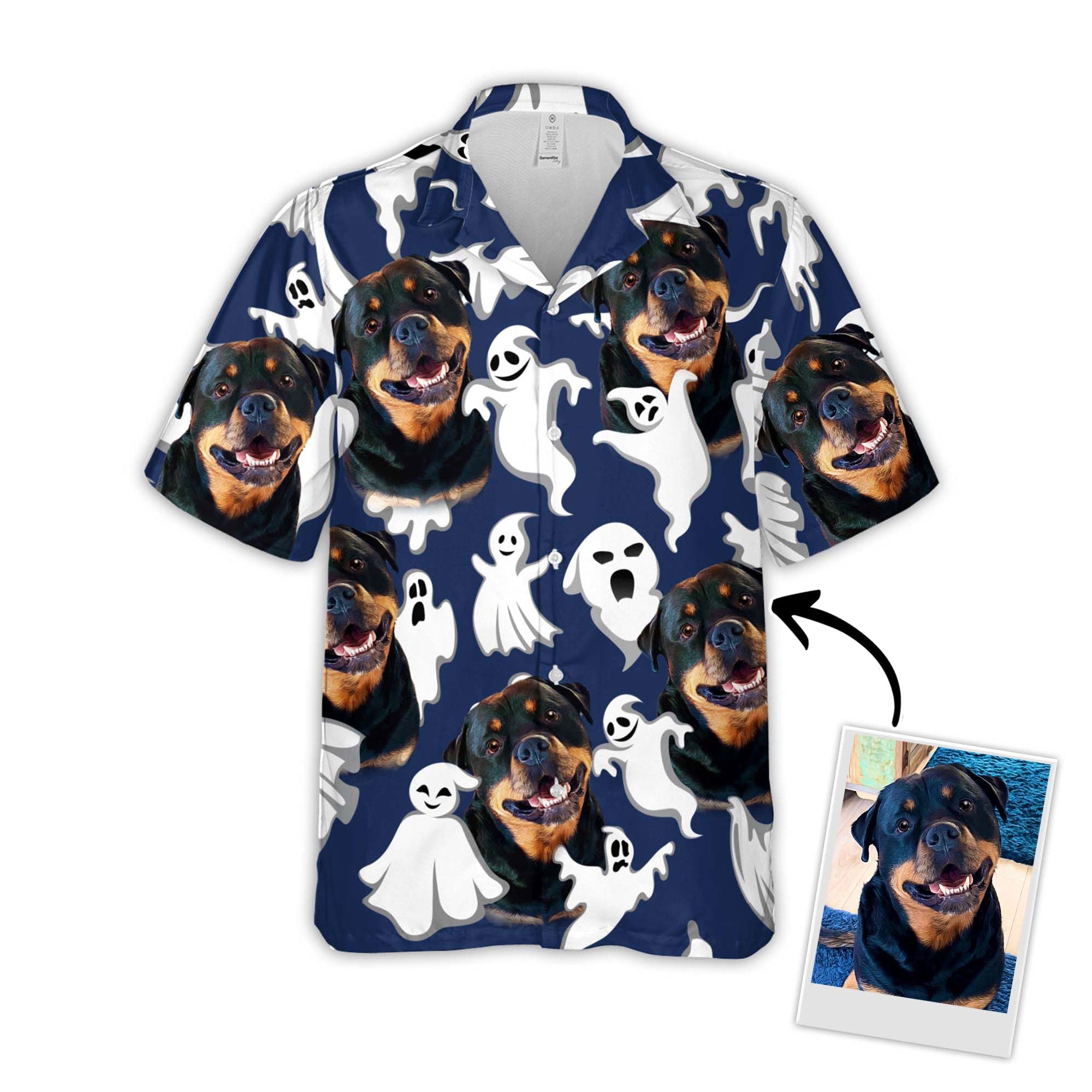 Custom Photo Funny Ghost Pattern Navy Color - Gift For Dog Lovers - Personalized Hawaiian Shirt