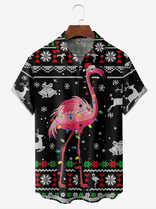 Christmas Pink Flamingo And Reindeer Pattern - Hawaiian Shirt