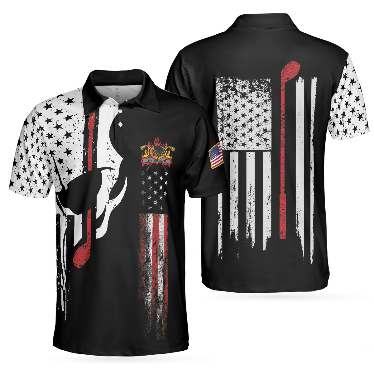 Skull American Flag With Golf Club, Black And White American Flag Polo Shirt