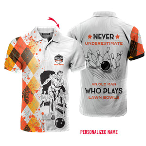 Personalized Never Underestimate Old Man Plays Lawn Bowl Orange White  Polo Shirt