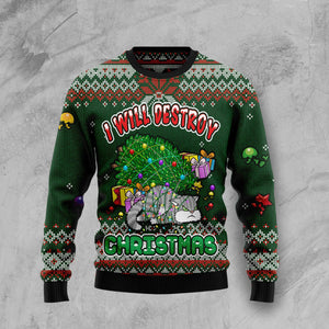 Funny Cat I Will Destroy Christmas Ugly Sweater