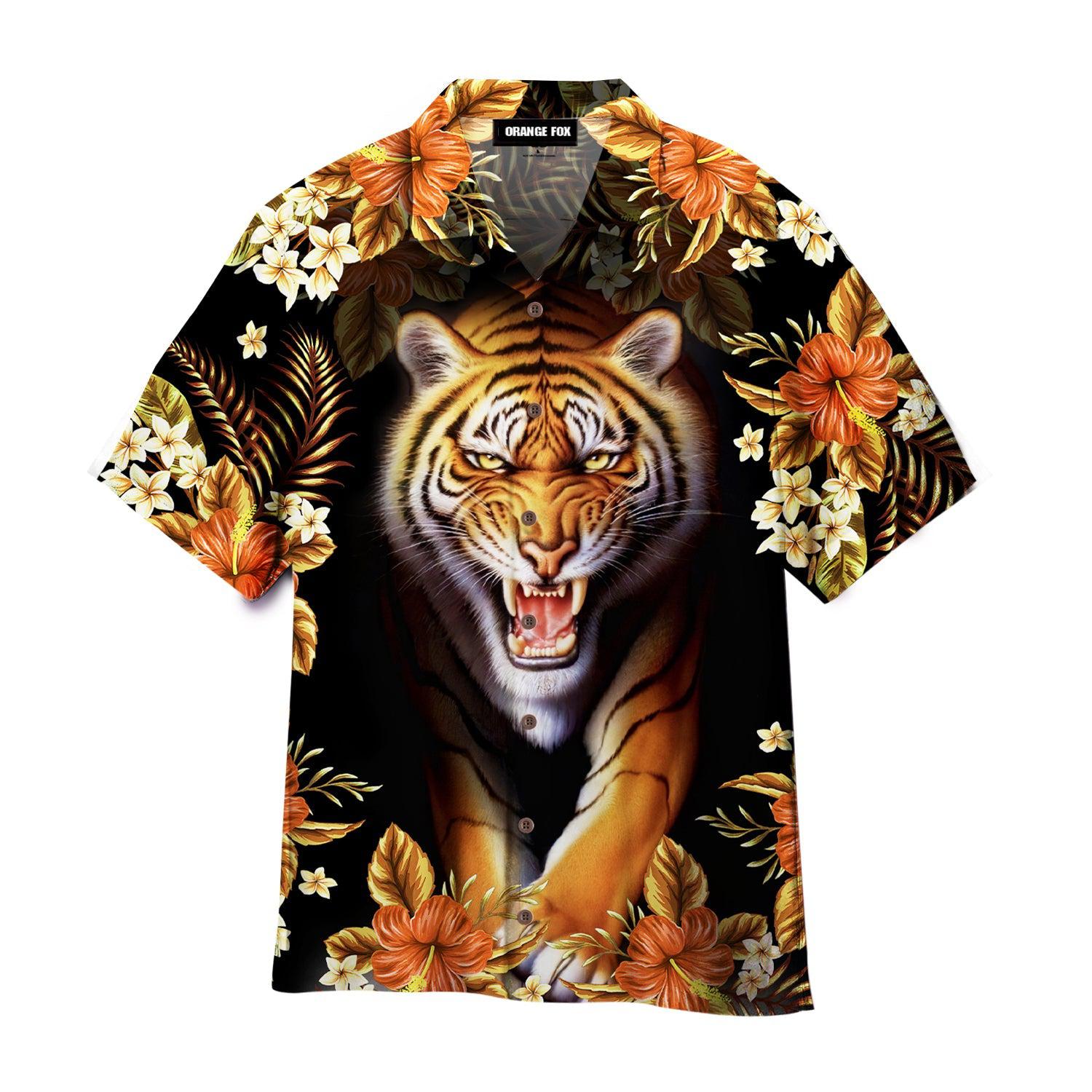 Wild Tiger Hibicus Flowers Tropical Hawaiian Shirt