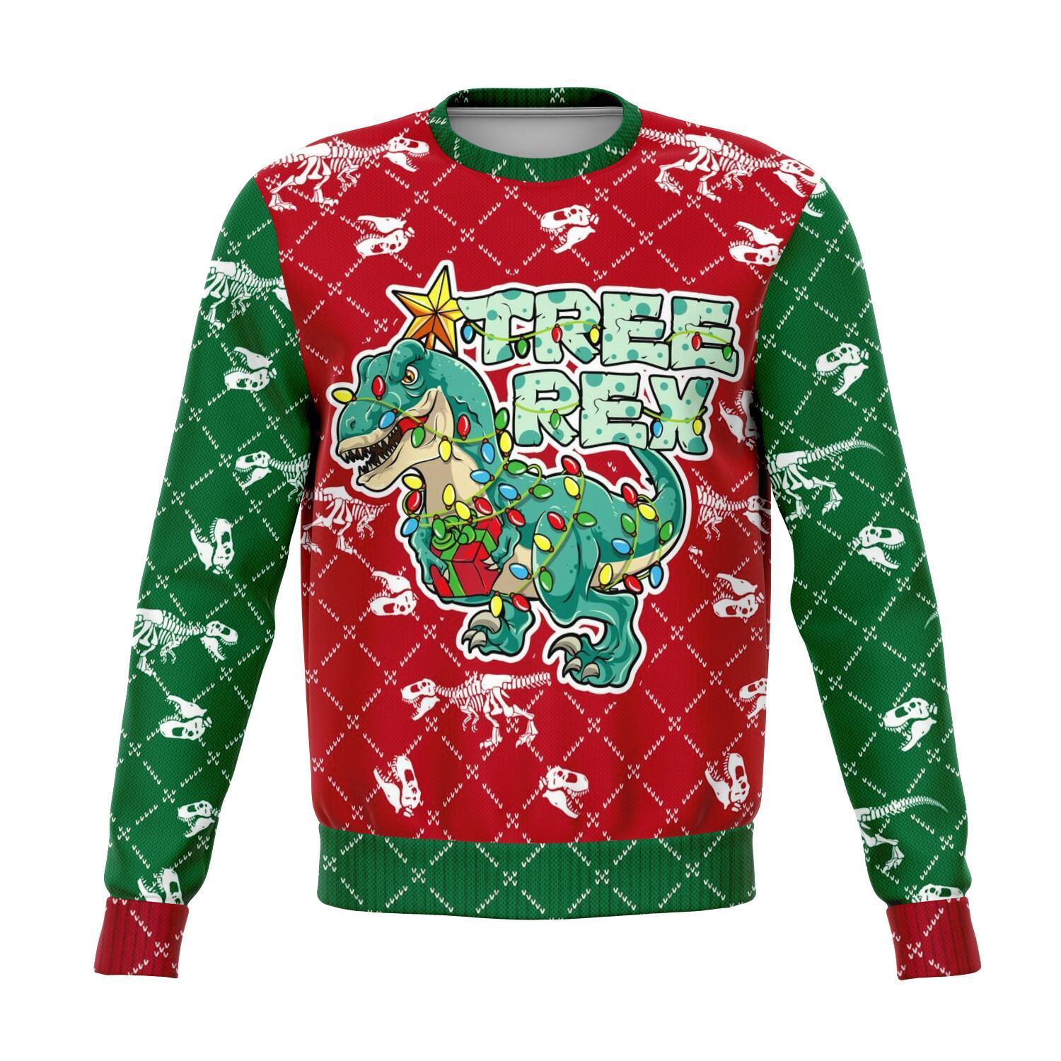 Dinosaur T-rex Christmas Green Red Ugly Sweater