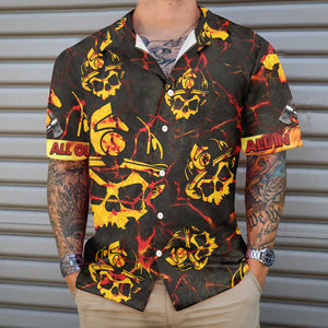 All In All Out Axe Firefighter Dark Red And Yellow Skull Hawaiian Shirt