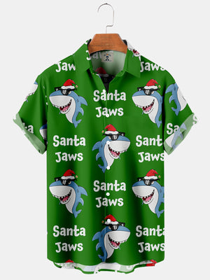 Christmas Blue Shark Santa Jaws- Hawaiian Shirt