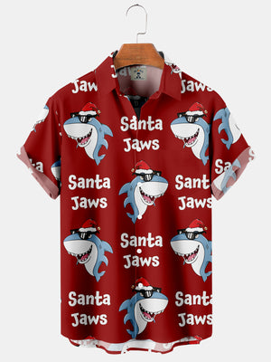 Christmas Blue Shark Santa Jaws- Hawaiian Shirt