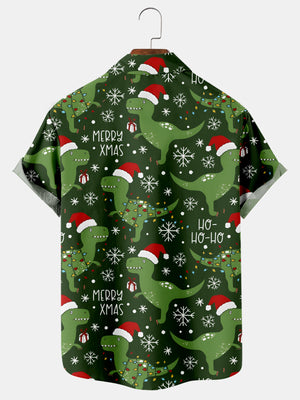 Christmas Cute Fun Green Dinosaur Ho Ho Ho - Hawaiian Shirt