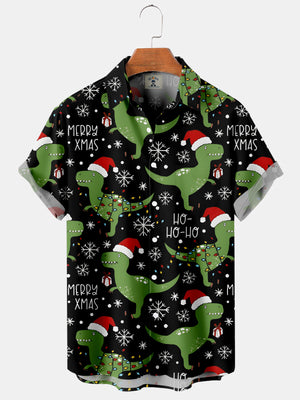 Christmas Cute Fun Green Dinosaur Ho Ho Ho - Hawaiian Shirt