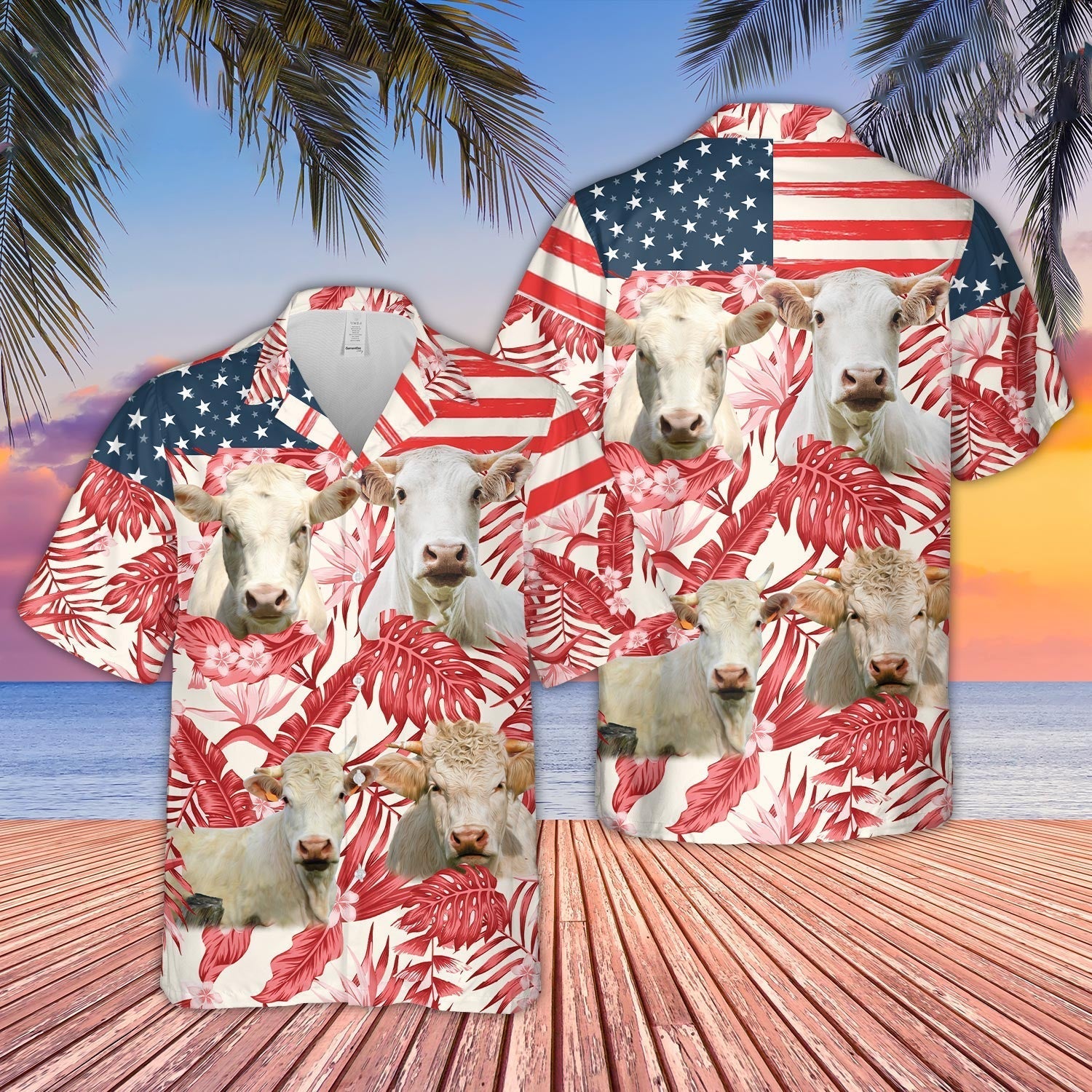 Unique Charolais Red Floral US Flag 3D - Hawaiian Shirt