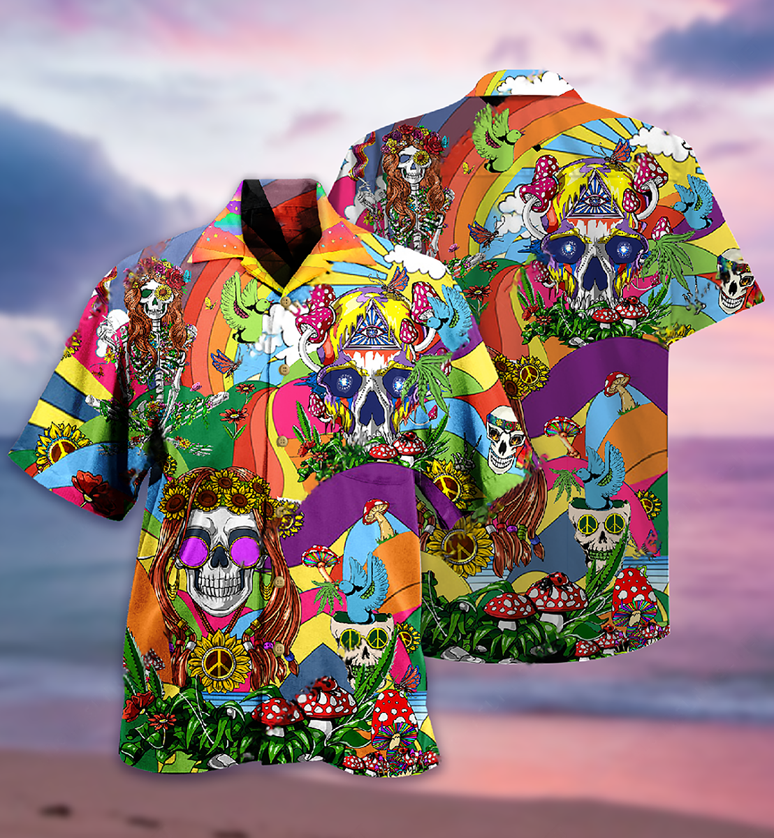 Hippie Skull Peace Life Color So Funny - Hawaiian Shirt