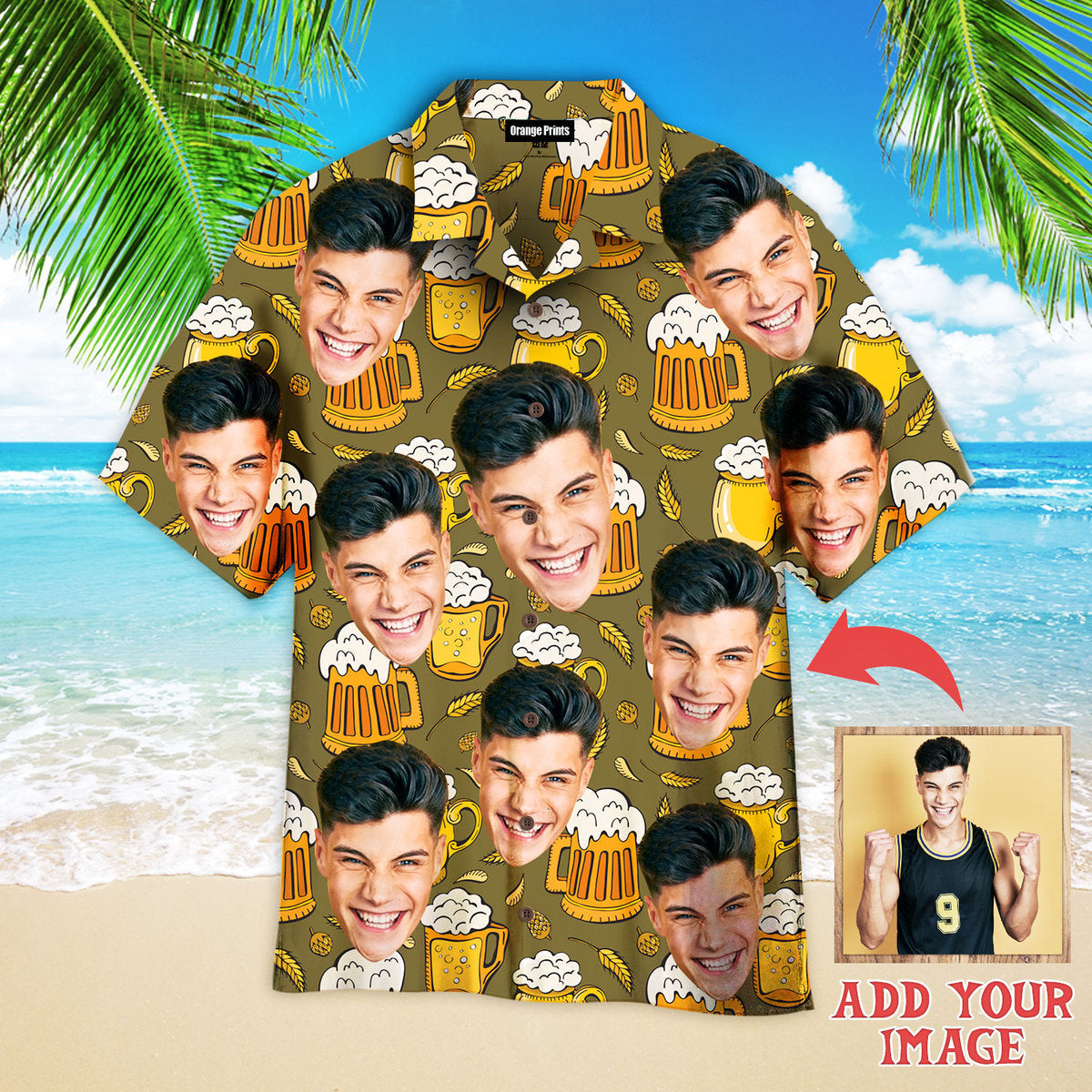 Custom Photo Funny Young Guy On Beer Mugs Pattern Hawaiian Shirt