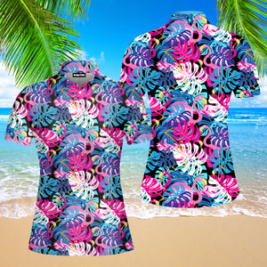 Pink Flamingos With Tropical Leaves Polo Shirt For Women