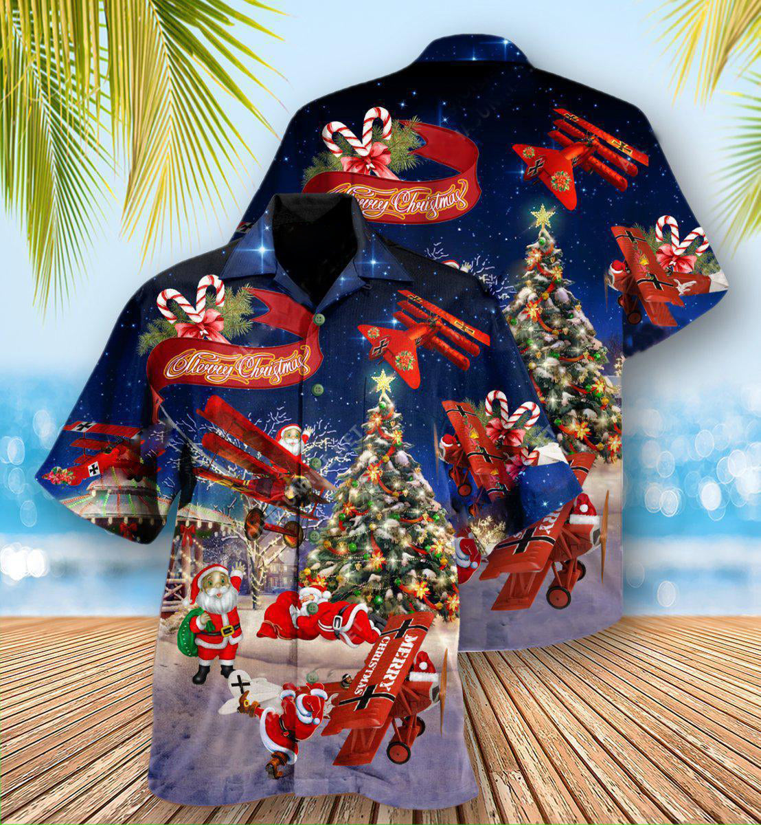 Christmas No Reindeer Any More Santa Loves Airplane In Blue - Hawaiian Shirt