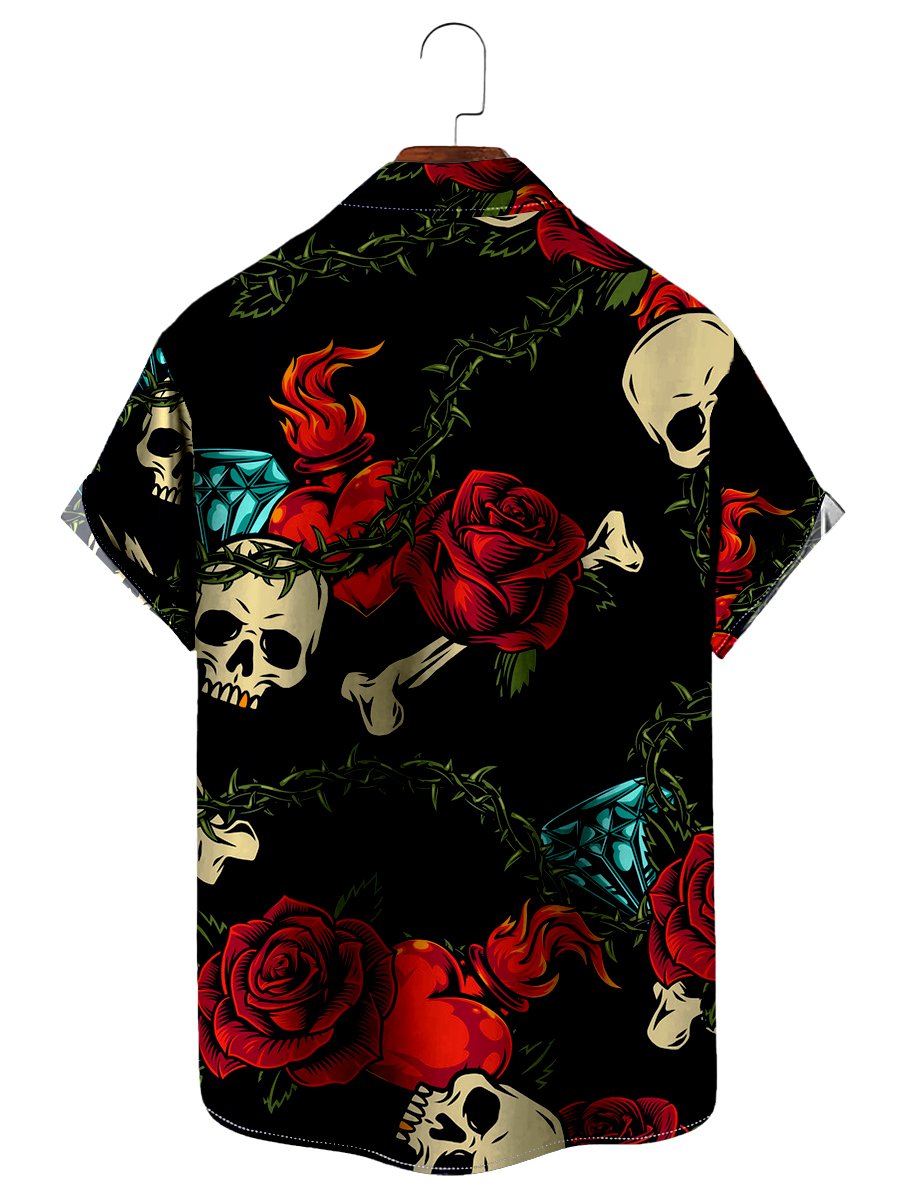 Vintage Black Skull Heart Rose Easy Care - Hawaiian Shirt