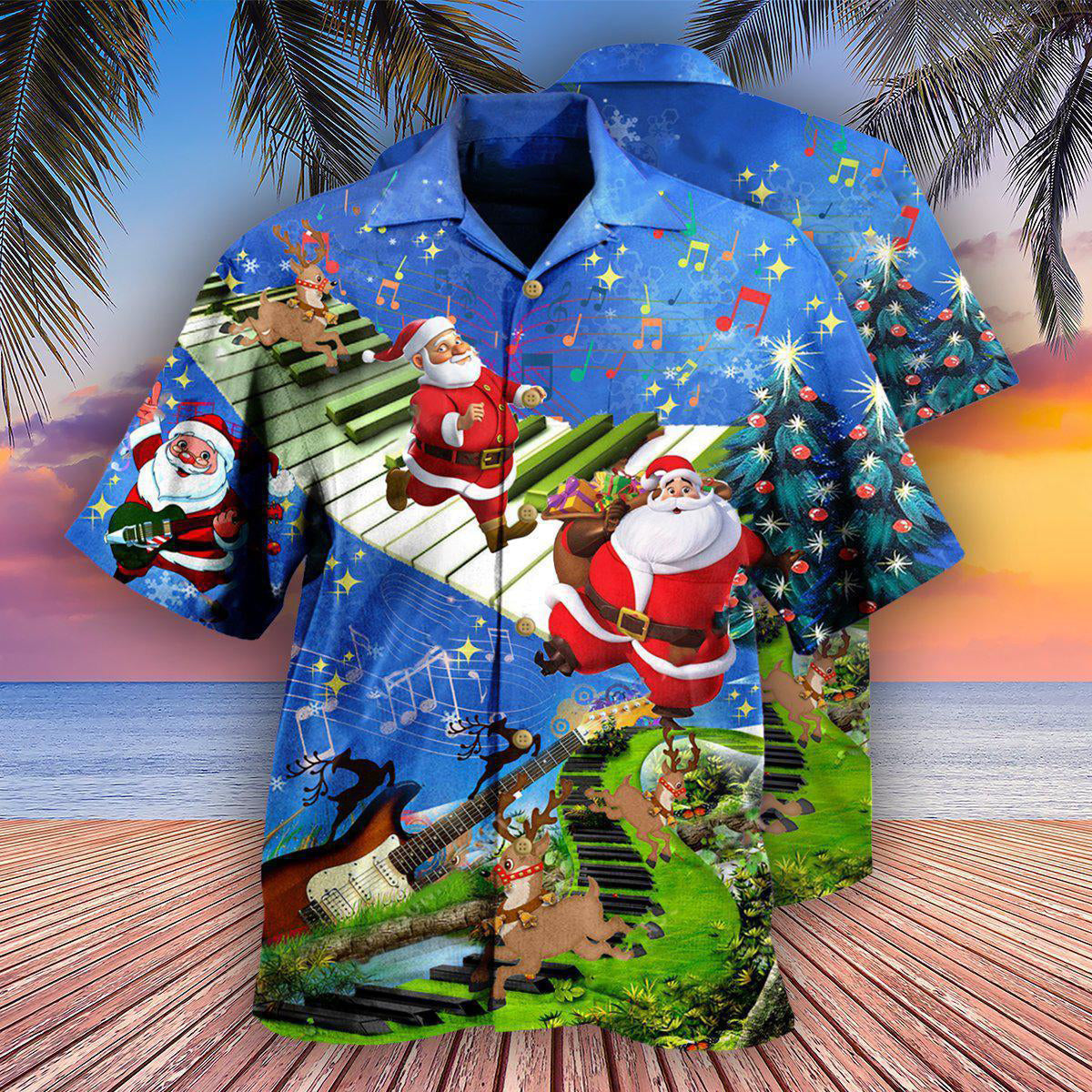 Christmas Jumping On Musical Instrument In Blue - Hawaiian Shirt