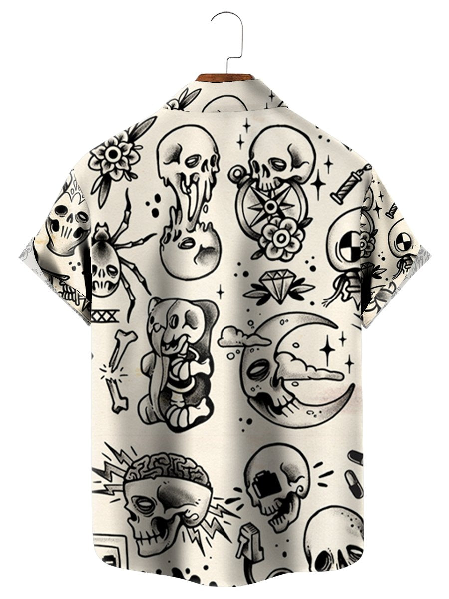 Vintage Skull Print Moon White - Hawaiian Shirt