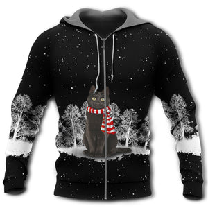 Black Cat In Snow Night Black - Hoodie