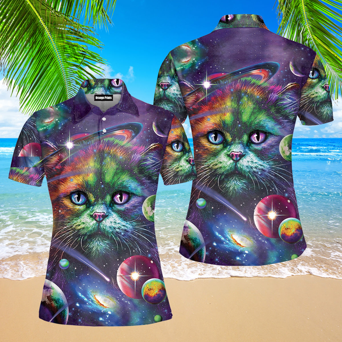 Colorful Rainbow Cat Space Galaxy Planet Polo Shirt For Women