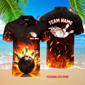 Custom Name Team Bowling Fire Bowling Pins - Personalized Men Polo Shirt