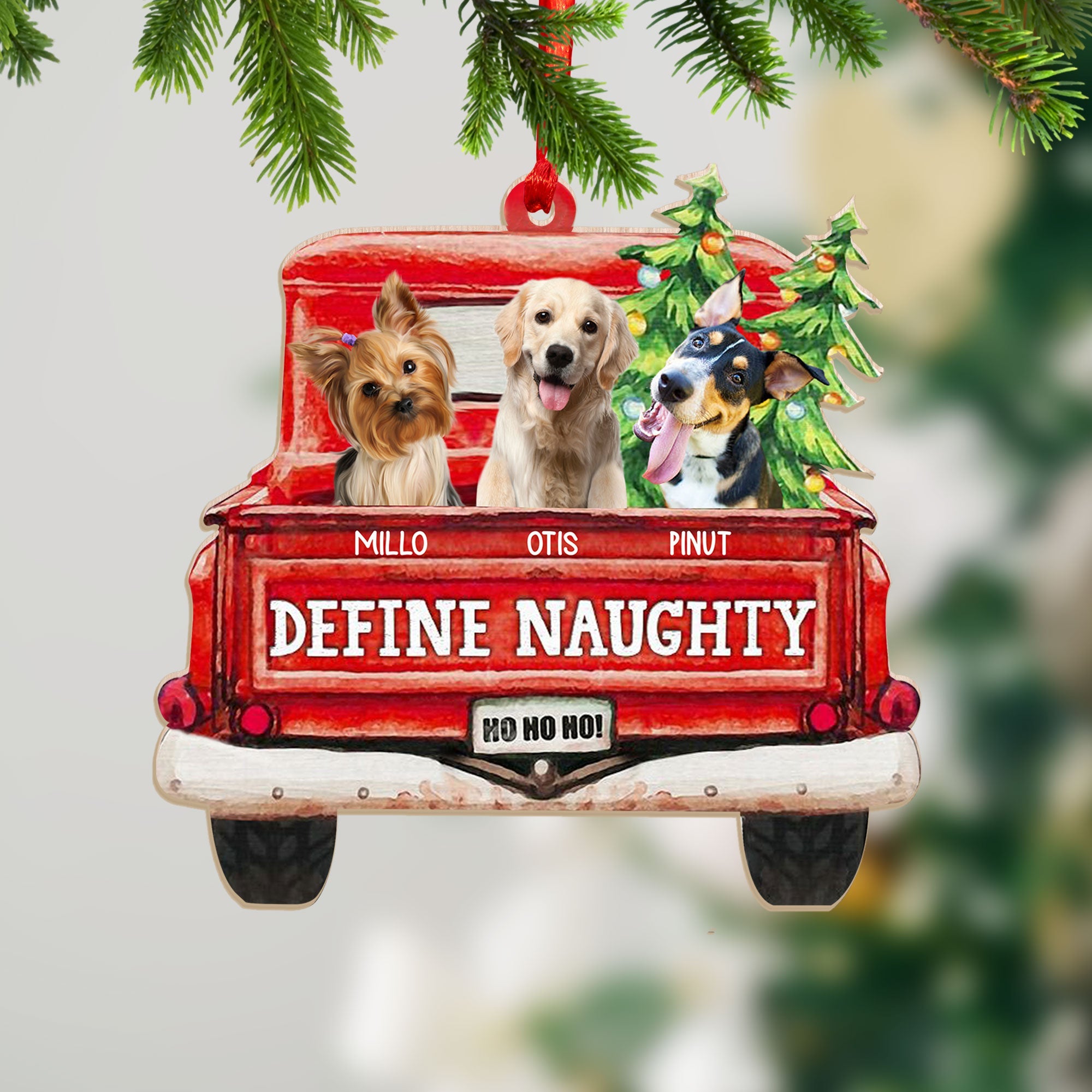 Custom Photo Pet Lovers Red Truck Define Naughty - Christmas Gift For Dog Lovers - Personalized Custom Shaped Wooden Ornament