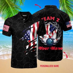 Custom Name Bowling Team American Flag - Personalized Men Polo Shirt