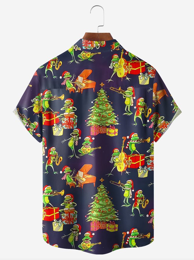 Christmas Funny Frog Is Playing Music Near By Pine Tree - Hawaiian Shirt