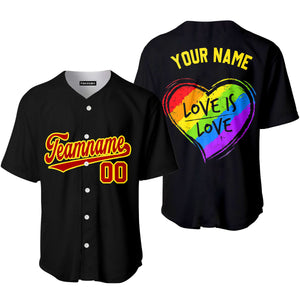 Personalized Love Is Love LGBT Rainbow Heart Pride Red Yellow Baseball Tee Jersey