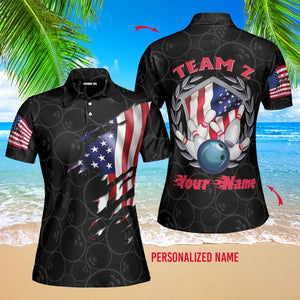 Personalized Bowling Team American Flag Polo Shirt For Men