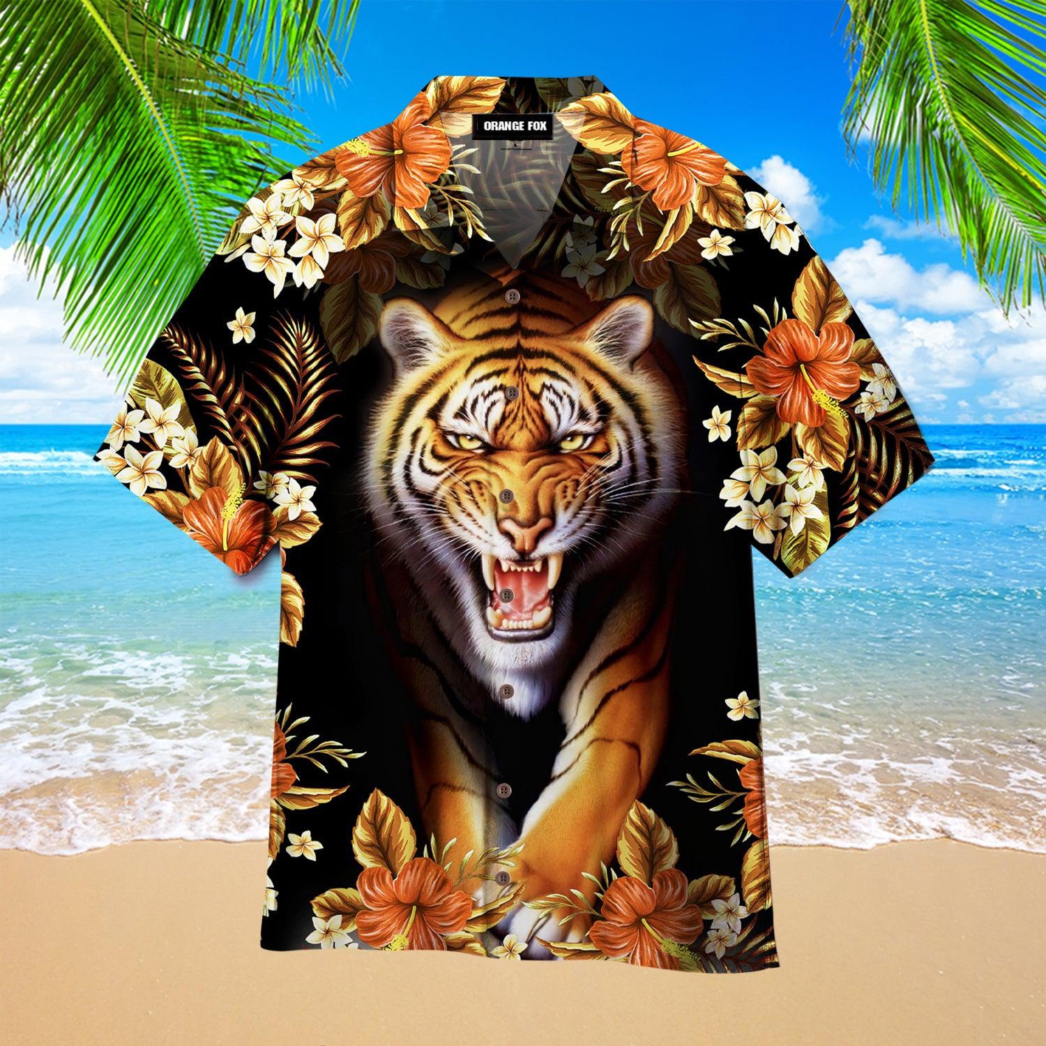 Wild Tiger Hibicus Flowers Tropical Hawaiian Shirt