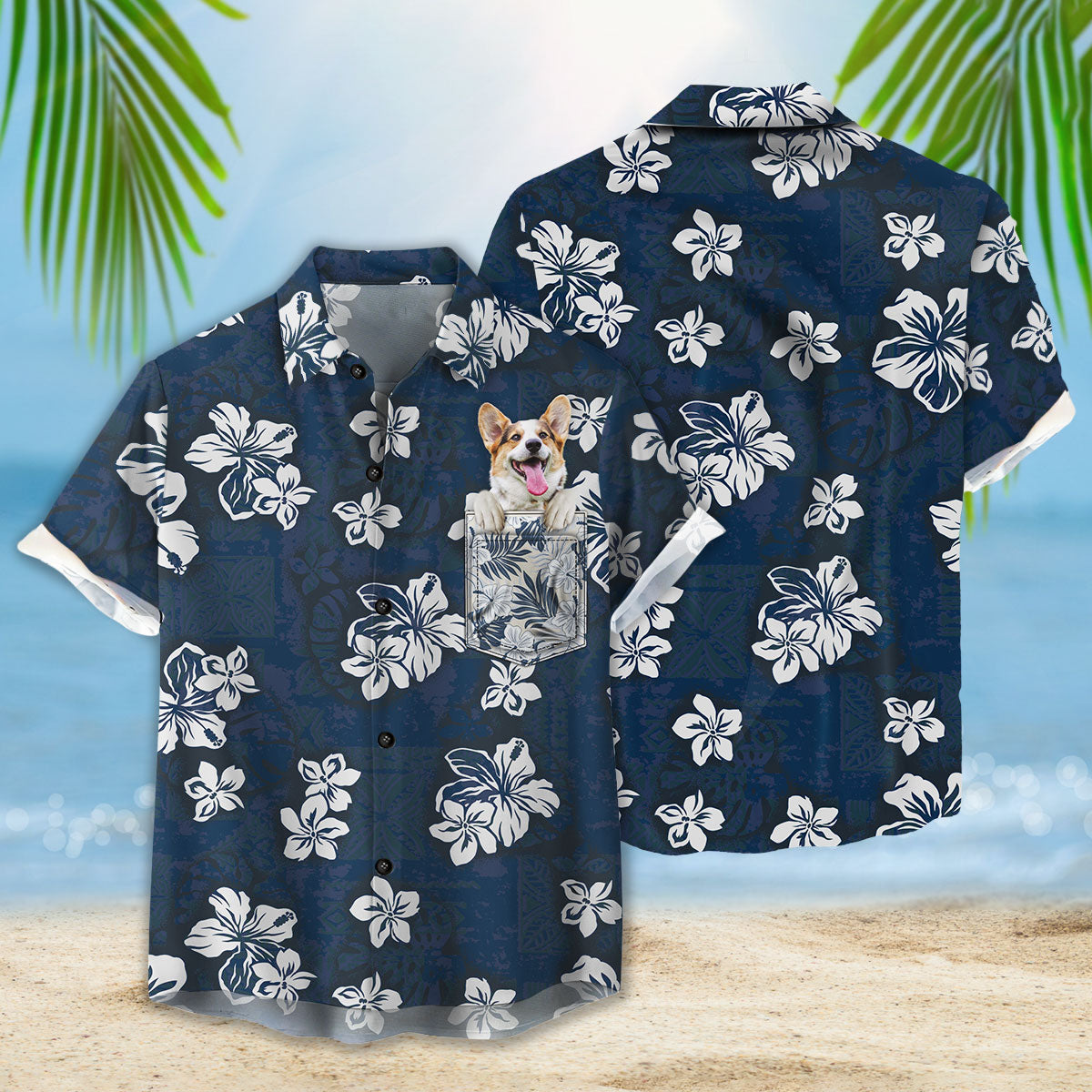 Custom Photo Tribal Elements And Hibiscus Flowers Navy - Personalized Hawaiian Shirt