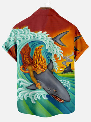 Shark Surfing In The  Ocean - Hawaiian Shirt