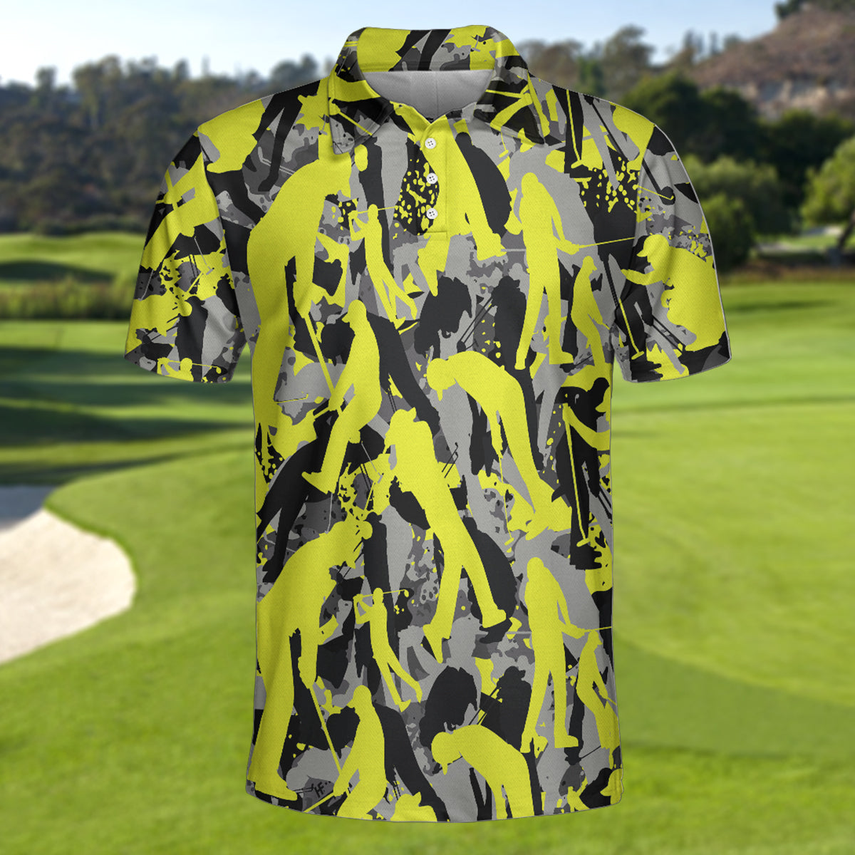 Light Green Pattern Yellow Silhouette Golfing Camouflage Golf Polo Shirt