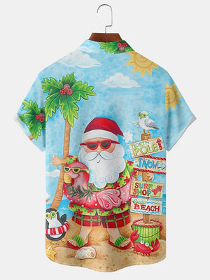 Christmas Santa Surfing With Flamingo On The Beach - Hawaiian Shirt