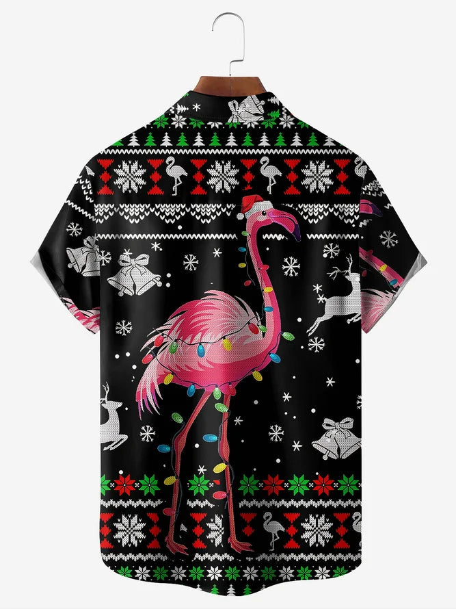 Christmas Pink Flamingo And Reindeer Pattern - Hawaiian Shirt