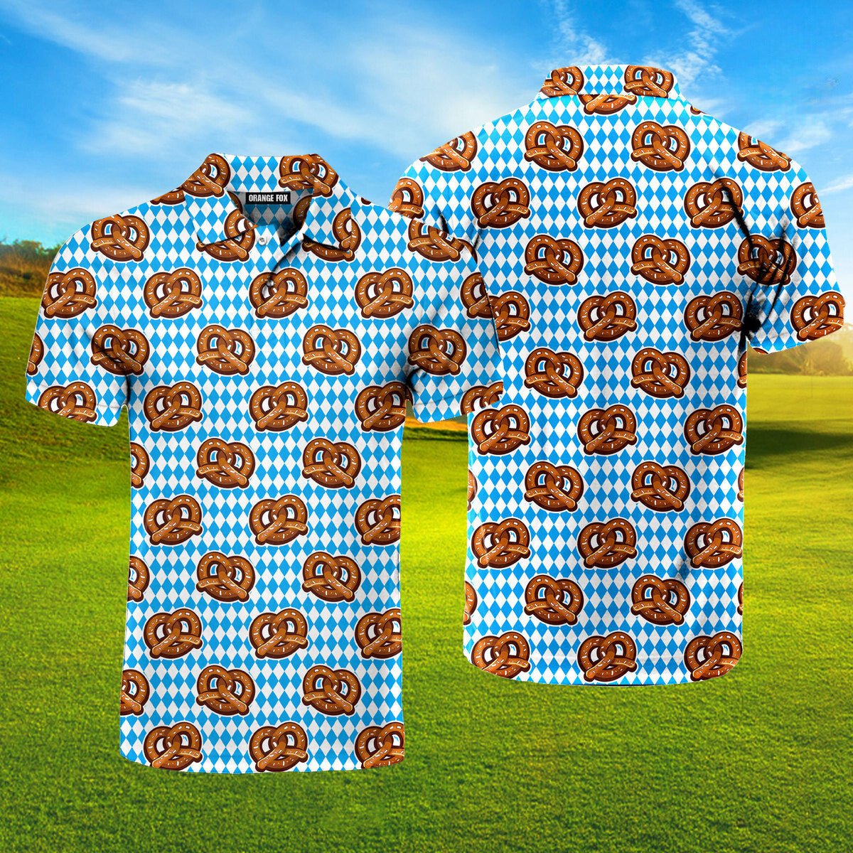 Oktoberfest Pretzels Blue Checkered Polo Shirt For Men