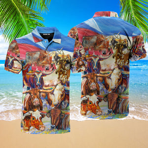 Texas Cowboy And Cows Colorful Watercolor Polo Shirt For Men