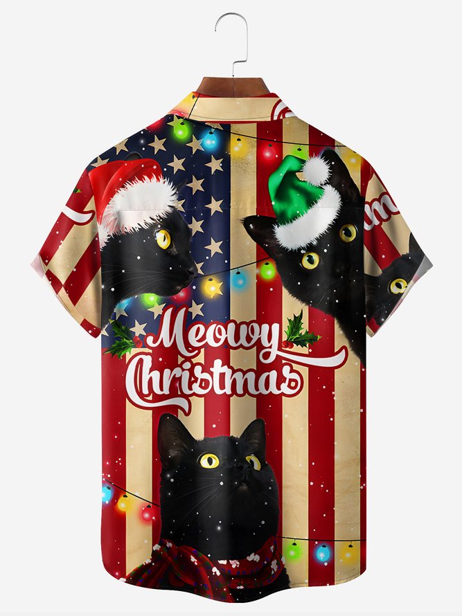 Meowy Christmas American Flag Black Cat - Hawaiian Shirt