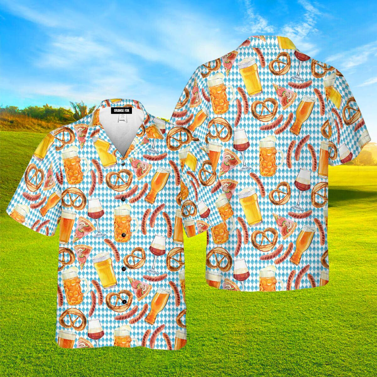 Oktoberfest Beer Pretzels Sausage Blue Checkered Pattern Aloha Hawaiian Shirts