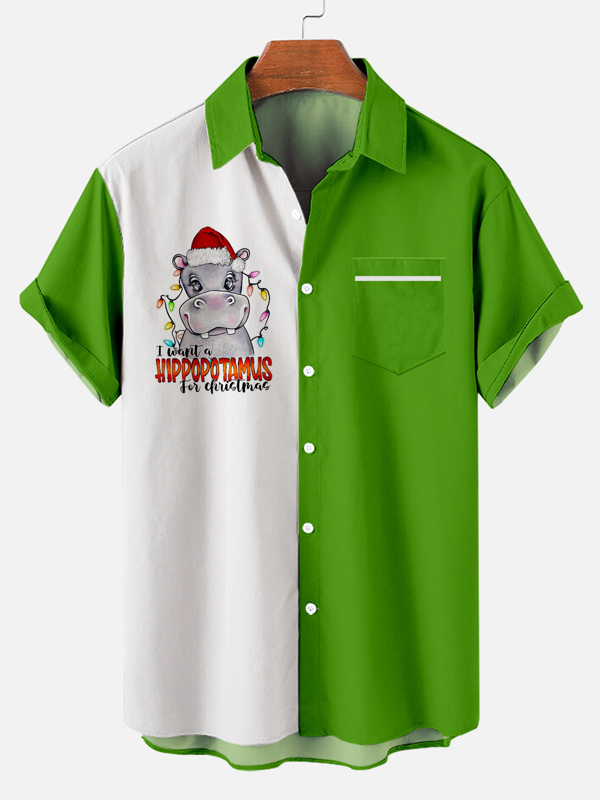 Christmas I Want A Hippopotamus Green White - Hawaiian Shirt