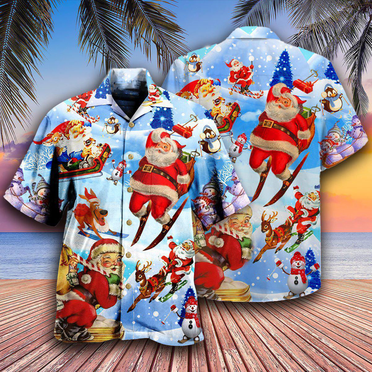 Christmas Skiing Santa Claus In Blue - Hawaiian Shirt