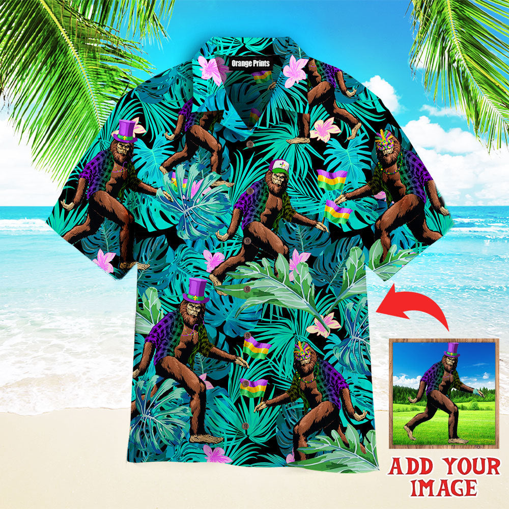 Custom Photo Funny Bigfoot Happy Mardi Gras Tropical Hawaiian Shirt