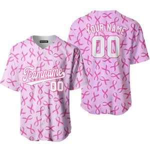 Personalized Pink Ribbon Breast Cancer White Pink Baseball Tee Jersey