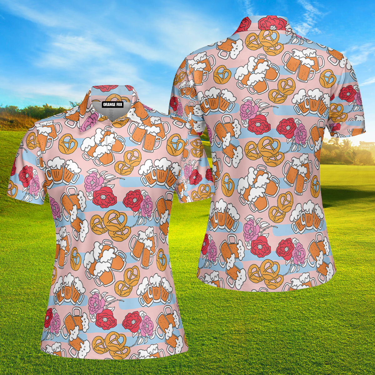 Pink Oktoberfest Beer Flowers Polo Shirt For Women