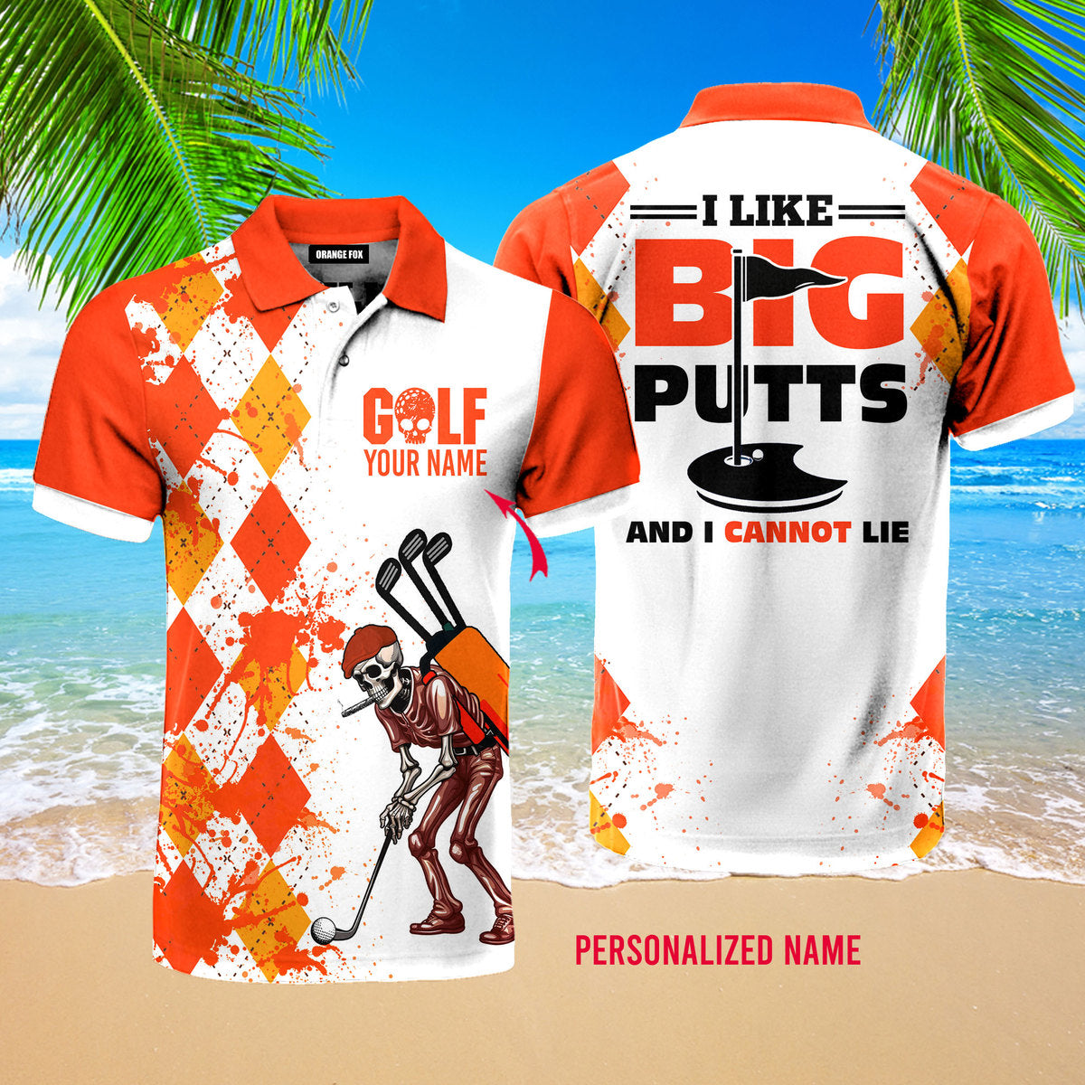 Personalized Skull Golf Orange Yellow Golf Polo Shirt For Men