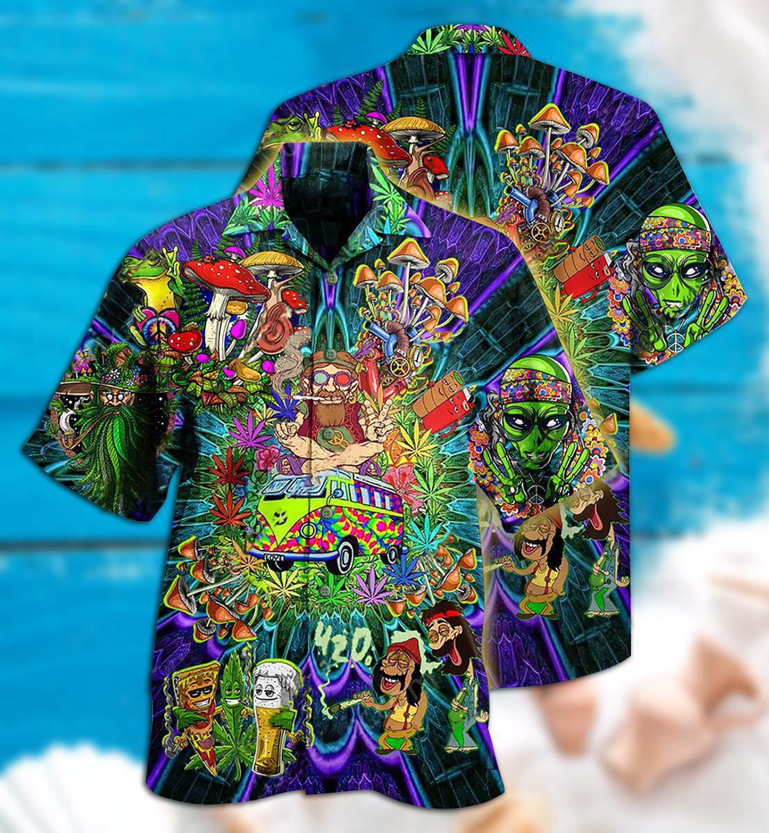 Hippie Mushroom Alien Bus Everything Funny - Hawaiian Shirt