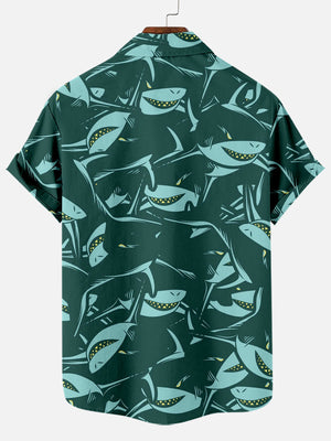 Deep Sea Shark Dark Green Pattern - Hawaiian Shirt