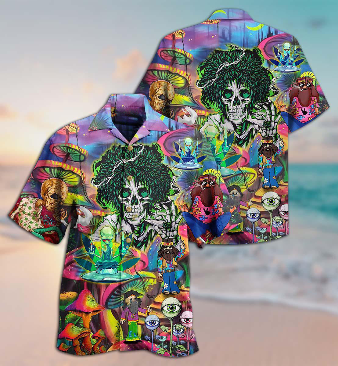 Hippie Skull Alien Mix Color - Hawaiian Shirt