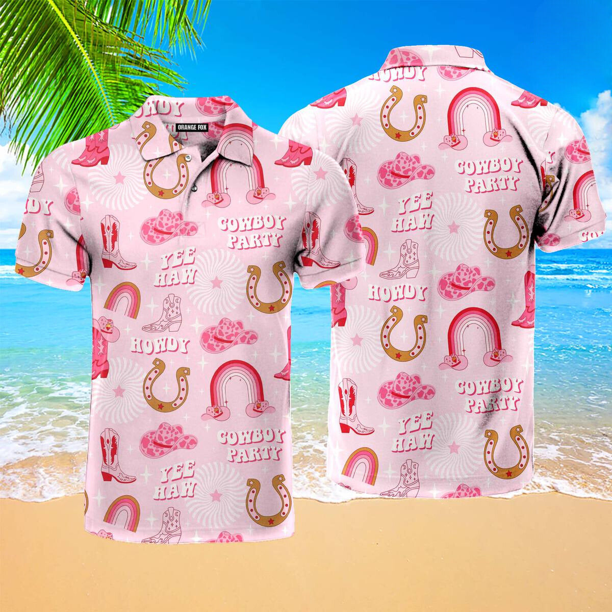 Rodeo Cowgirl Retro Horseshoe Cactus Pink Polo Shirt For Men