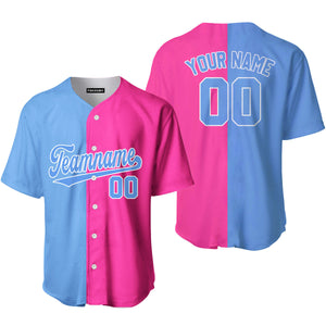 Personalized Pink Light Blue Split Fashion Baseball Tee Jersey